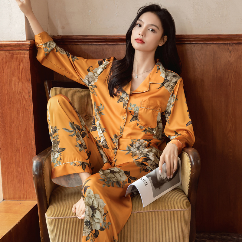 봄, 가을용 틱톡 인기 아이템 아이스 실크 얇은 캐주얼 잠옷 긴팔 실크 세트 여성 홈웨어 고급스러운 시원한 느낌