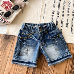 【】日系童裝中古黑超兒童夏款中褲鉚釘牛仔短褲