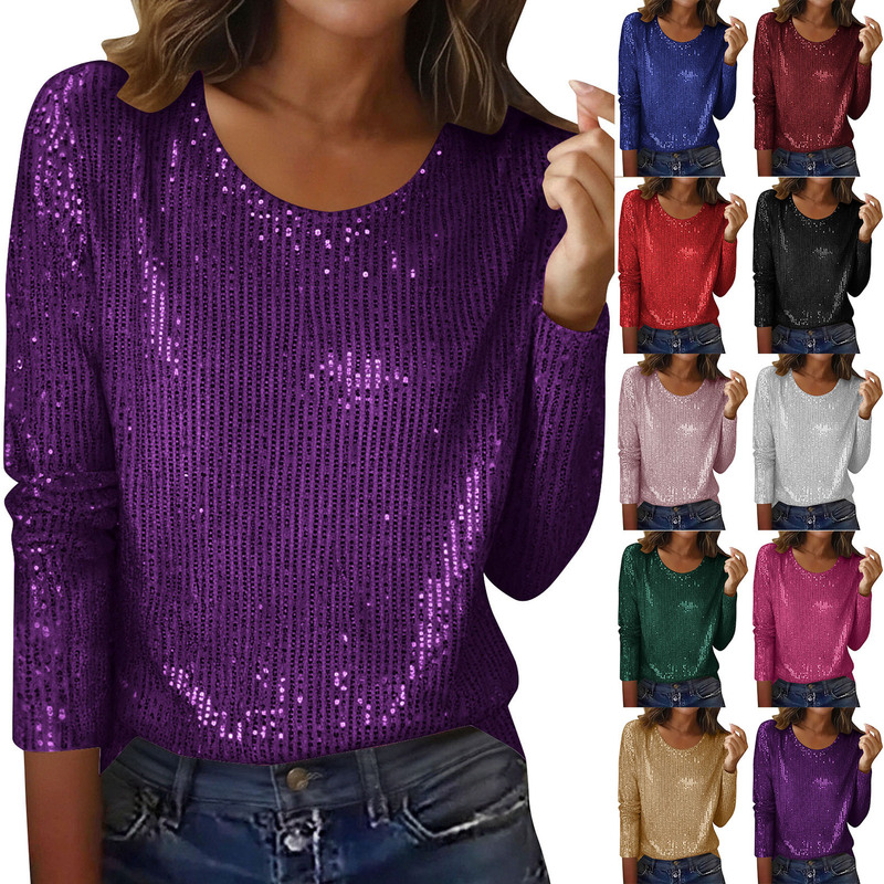 European and American Cross-Border Amazon Independent Site New Sequin Women's Casual Sequined Round-Neck T-Shirt Long-Sleeve Top Shirt European and American Cross-Border Amazon Independent Site New Sequin Women's Casual Sequined Round-Neck T-Shirt Long-Sleeve Top Shirt