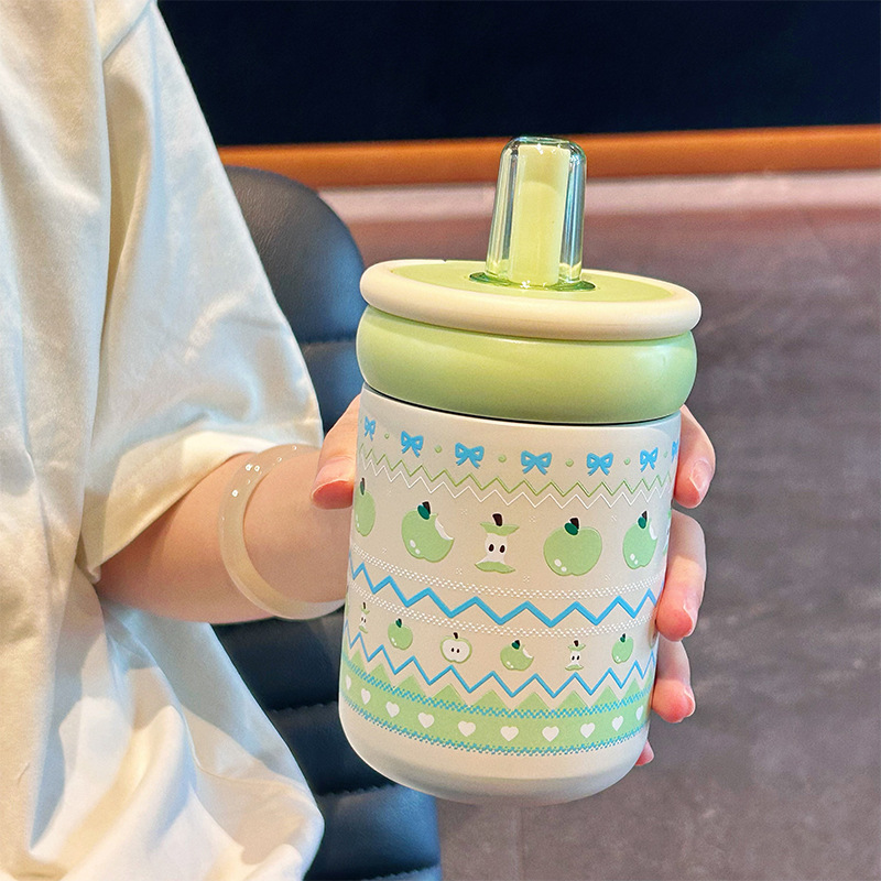 新型ins女子高颜値ストローカップ316ステンレス保温カップ陶磁器内胆カップ学生随行カップ|undefined