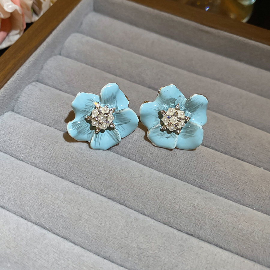 Pendientes de perlas de flores de diamantes con aguja de plata Pendientes de temperamento fresco y dulce estilo ins coreano Pendientes de lujo ligero de alta calidad