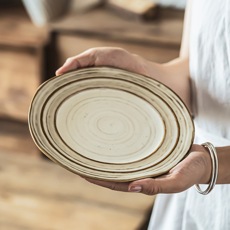[Hilo retro creativo placa] japonés gris occidental carne placa plato de cerámica placa bandeja ligeramente defecto