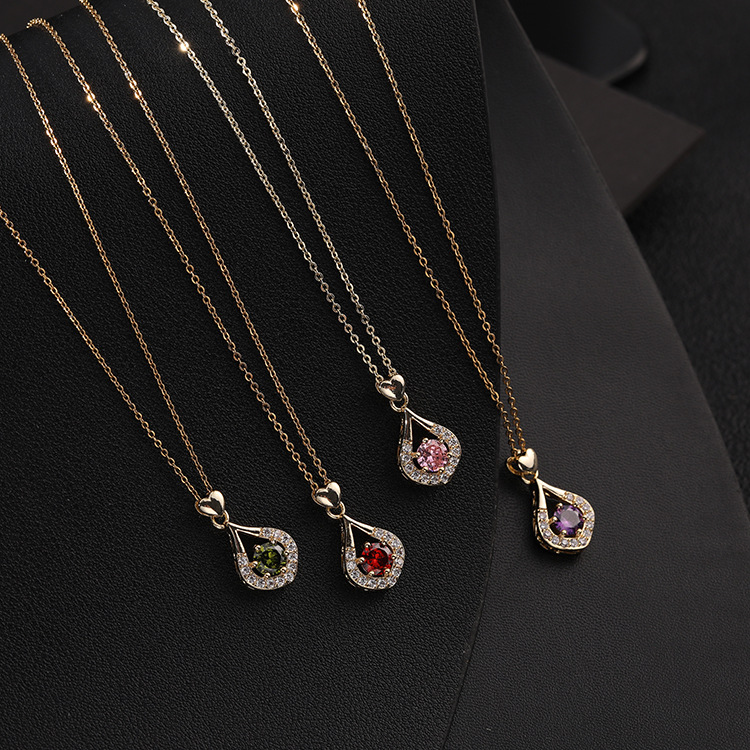 Lady Water Droplets Heart Shape Copper Inlay Zircon Pendant Necklace 1 Piece