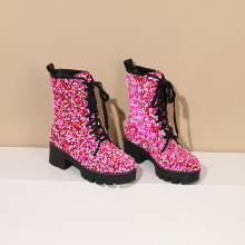 40-43欧美外贸跨境秋冬女靴亮片粗高跟厚底系带短靴马丁靴H337