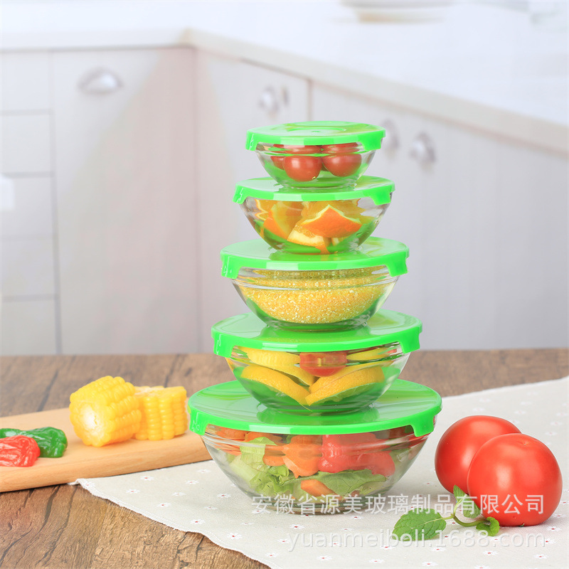 Recipiente de vidrio fresco refrigerador de cinco piezas Almacenamiento de vegetales y frutas Recipiente de regalo Juego de tazón Caja de regalo apertura actividad regalo