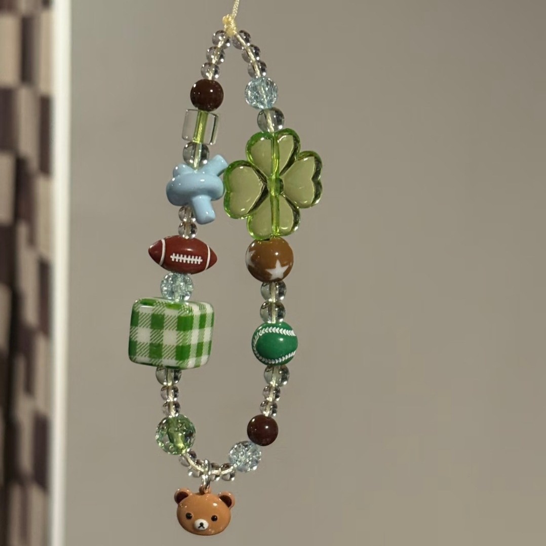 Ins Korean Beaded Yellow and Green Plaid Cute Bear Pendant Ccd Camera Beaded Mobile Phone Chain Bag Pendant