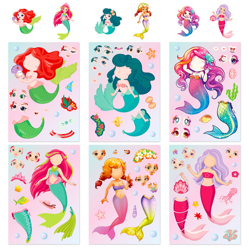 6 pieces/pack Mermaid Face Change Stickers Mermaid Princess Cartoon Parent-Child Interactive Diary DIY Puzzle Stickers
