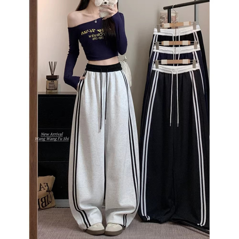 Plus-Size White-Gray Sports Pants for Women, Spring/Summer Thin Style with Side Stripes, Petite Size, Loose Wide-Leg Sweatpants