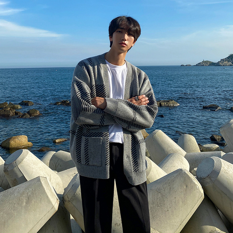 【Clearance】New Autumn and Winter Plaid Cardigan Sweater Jacket for Men, Trendy Loose Fit, Cool and Stylish Knitwear, Korean Style