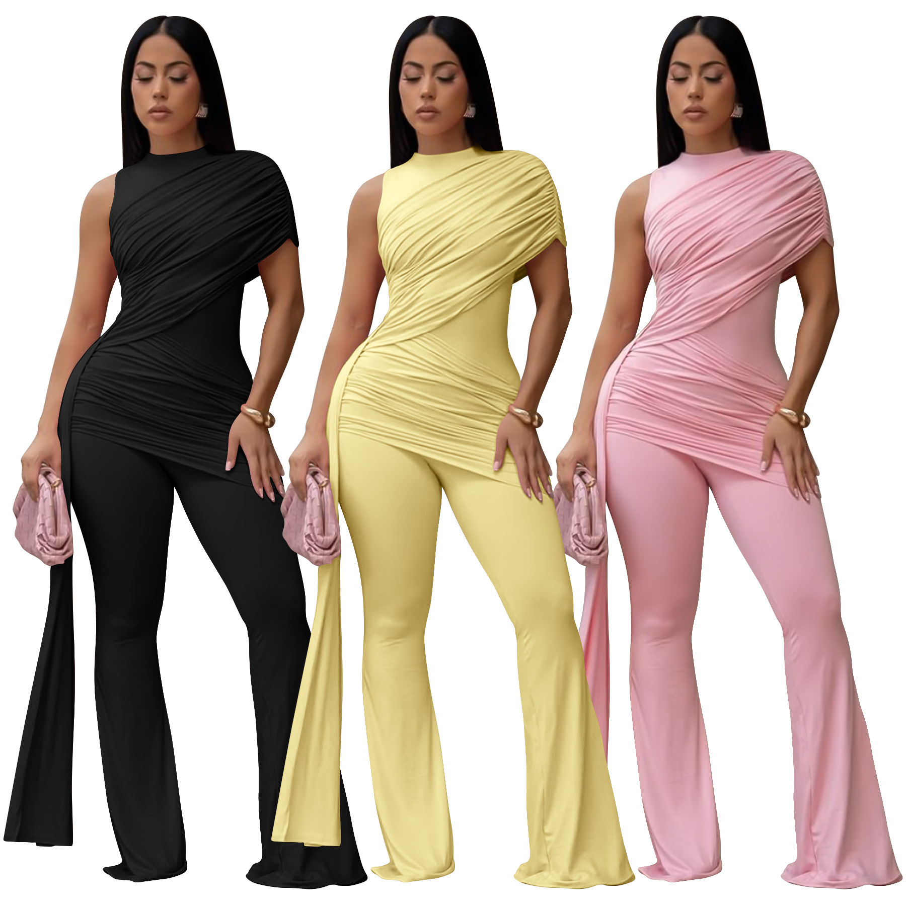 11025 Summer Crew-Neck One-Shoulder Pleated Jumpsuit with Ribbon Detail