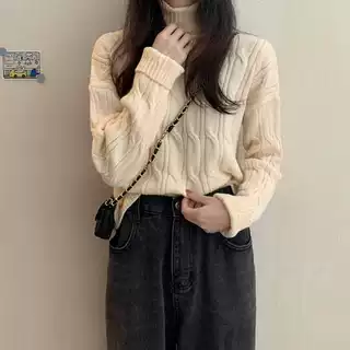 高领毛衣女外穿秋冬新款韩版宽松百搭套头长袖慵懒风针织短款上衣