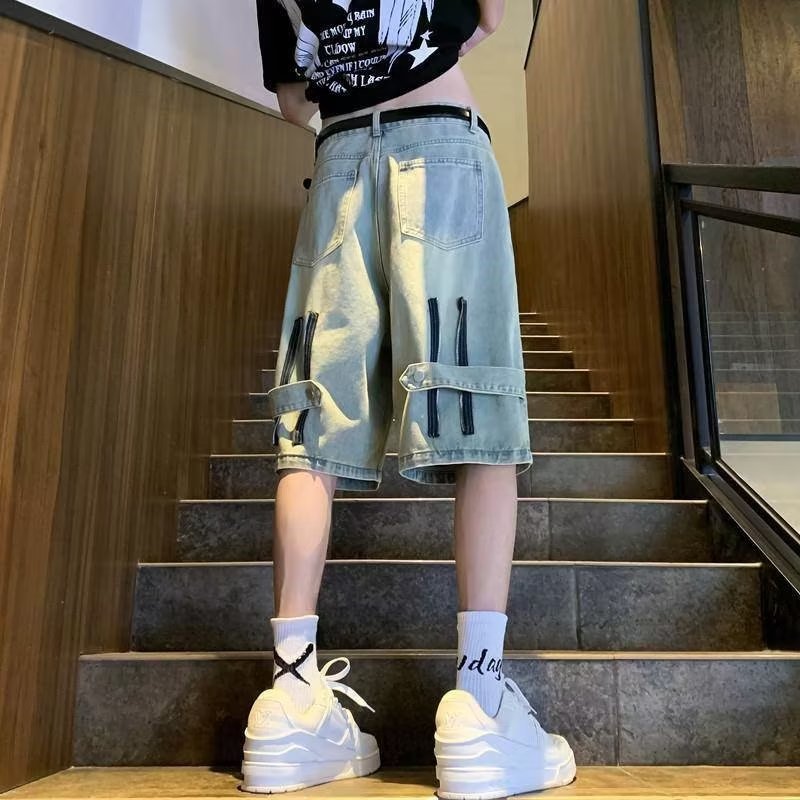 美式复古五分裤黄泥色牛仔短裤男款夏季潮牌高街设计感拉链五分裤