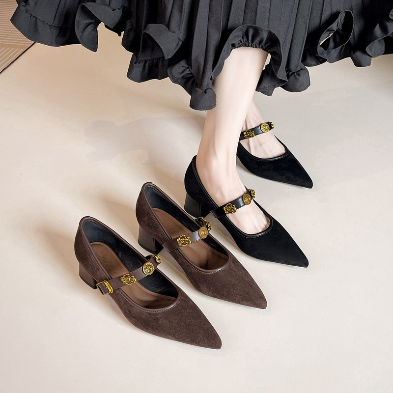 A9068-2 Camellia French Retro Single-Strap High-Heeled Ballet Shoes Mary Jane Shoes with Chunky Heels for Women