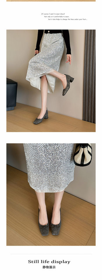 Giày búp bê nữ mũi vuông da lộn thắt nơ gót thô 3–6 cm — Màu nâu, Màu xám đen chi tiết 9