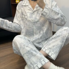 2025新款【D家记忆】印花冰丝睡衣女长袖长裤套装宽松薄款家居服
