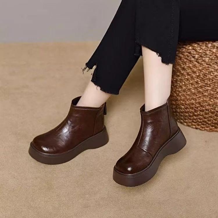Thick-Soled Short Boots for Women 2025 Autumn and Winter New Style Fleece-Lined Thickeneded Warm Round Toe Birkenstock Shoes Heightening Boots