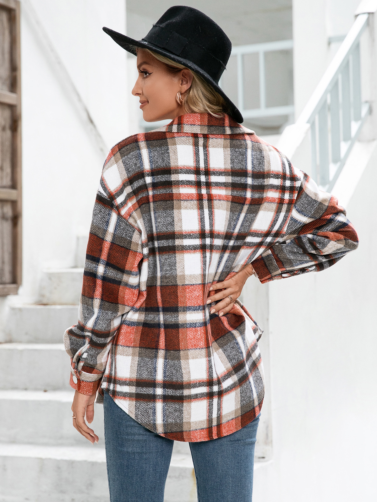 thickened plush long-sleeved loose single-breasted plaid shirt coat NSYBL136697