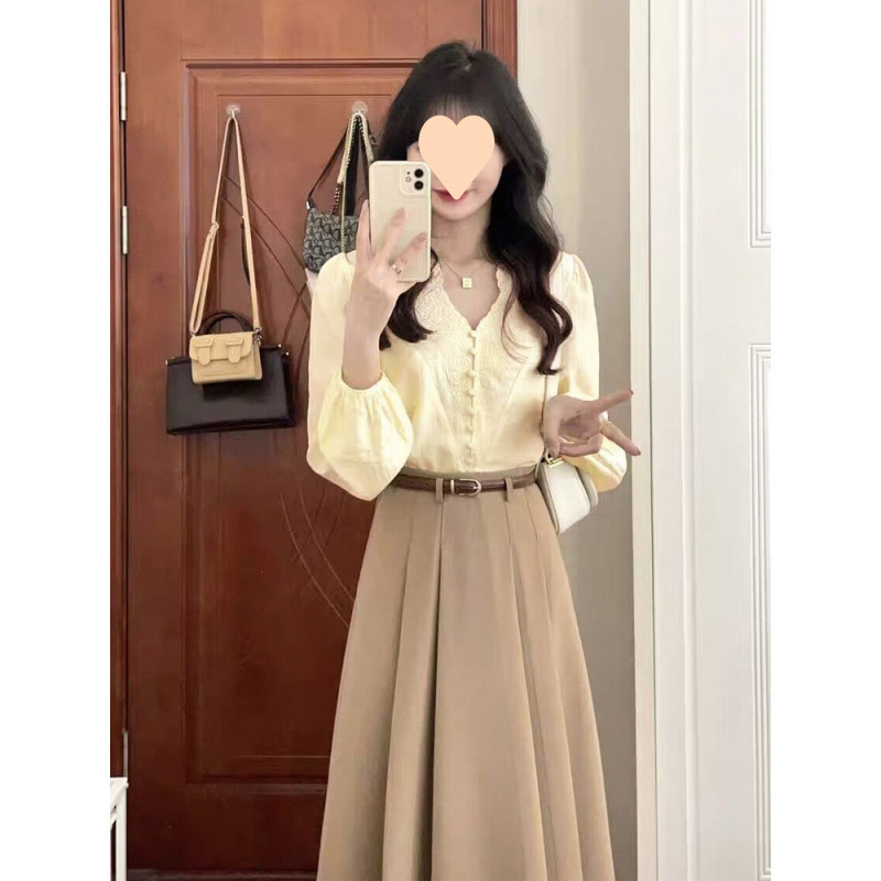 法式时尚温柔穿搭两件套装女春秋新款领长袖衬衫+中长高腰半身裙|undefined