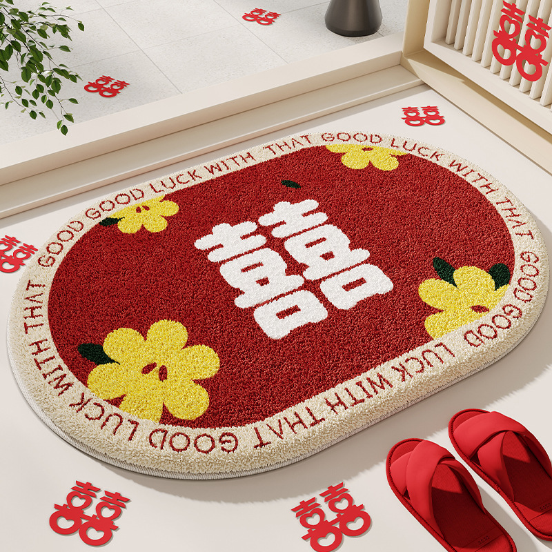 2024 red festive bathroom absorbent floor mat non-slip wear-resistant cashmere imitation floor mat bathroom atmosphere wedding floor mat