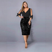 eBay速卖通2024独立站亚马逊亮片泡珠V领连衣裙包臀裙性感欧美风