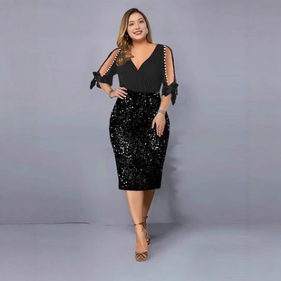 Ebay Aliexpress 2024 Independent Site Amazon Sequin Beaded V-Neck Dress Bodycon Skirt Sexy European and American Style