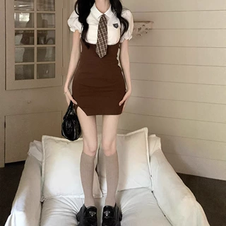 夏季学院风小个子甜辣妹短裙法式修身别致裙子背带裙假两件连衣裙