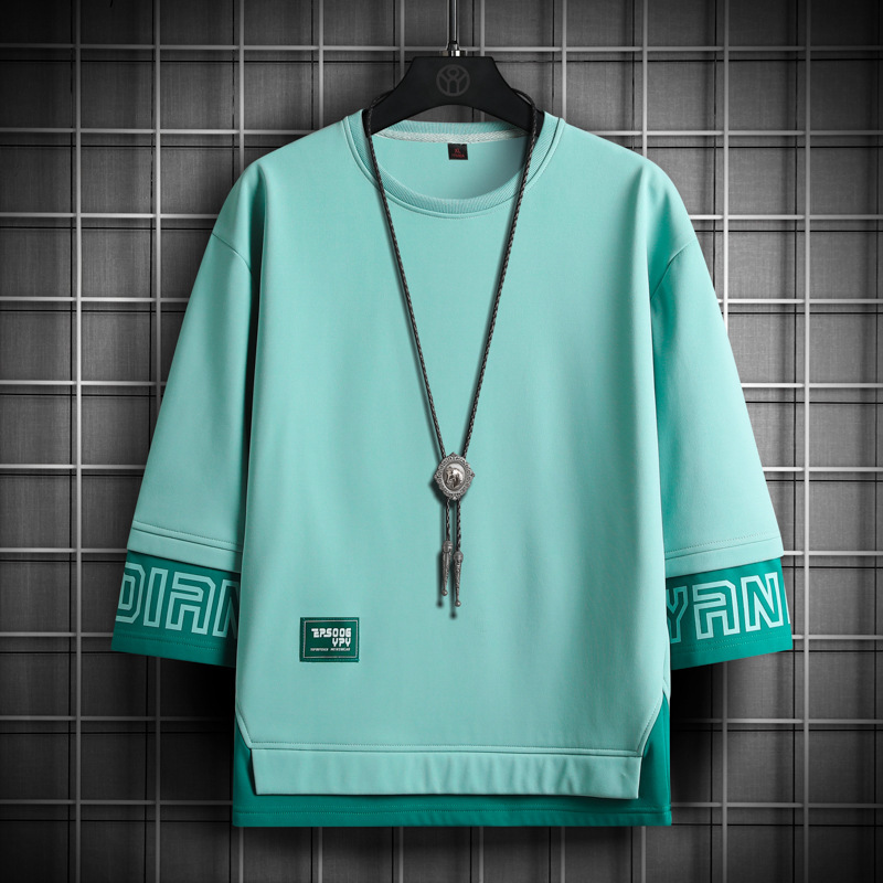 Fake Two-Piece Men's Long-Sleeved T-Shirts, Handsome Street Tops, Spring and Autum Round Neck, Korean Style Fashionable Round Neck, Three-Quarter Sleeves Fake Two-Piece Men's Long-Sleeved T-Shirts, Handsome Street Tops, Spring and Autum Round Neck, Korean Style Fashionable Round Neck, Three-Quarter Sleeves