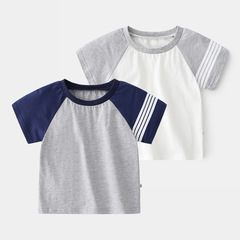 New Summer Boys' Cotton Short-Sleeve T-Shirt Children Simple Comfort Sports Crew Neck Pullover Plaid Casual Top