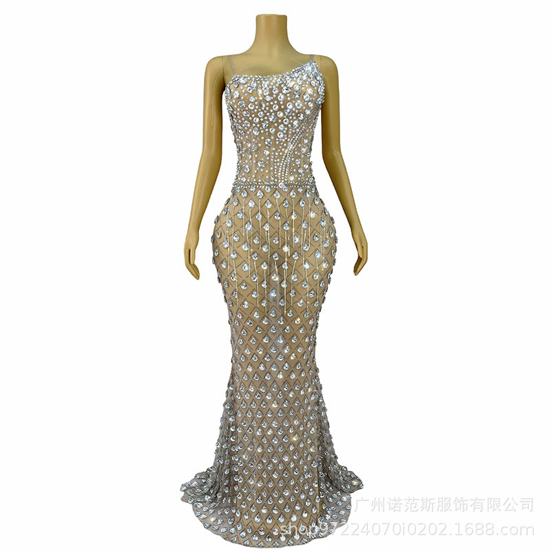 Unique Design Off-Shoulder Strapless Dress with Rhinestone Train for Pageant, Bridal Engagement Banquet, and Toast