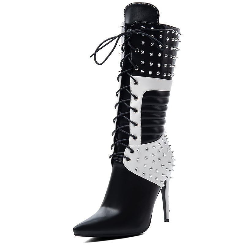 European and American sexy foreign trade cross-border functional sports style studded strap high-heeled large size 46 women's calf boots European and American sexy foreign trade cross-border functional sports style studded strap high-heeled large size 46 women's calf boots