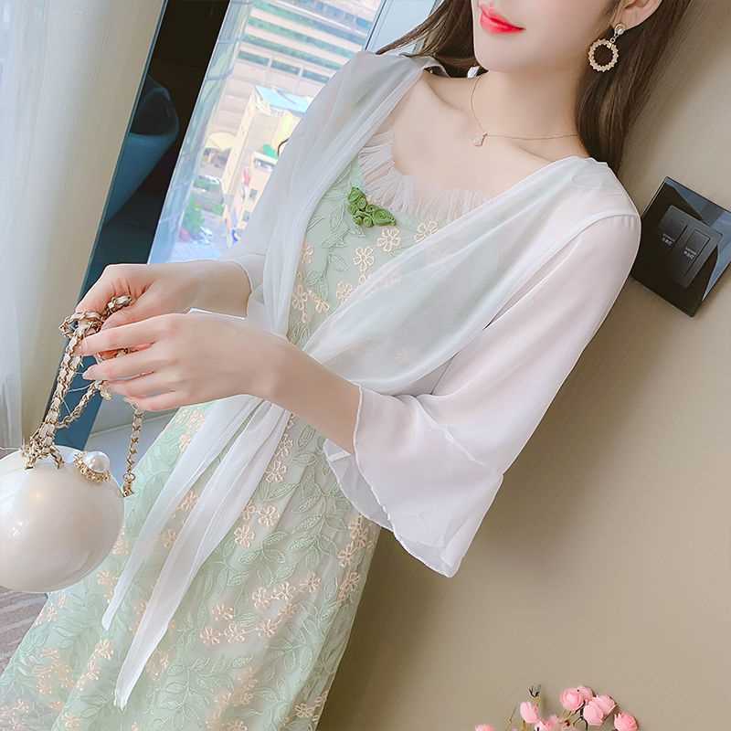 Chiffon Small Shawl Jacket with Sling Skirt Women's Summer Short Outer Thin Cardigan Lace Sun-protective Clothing for Women