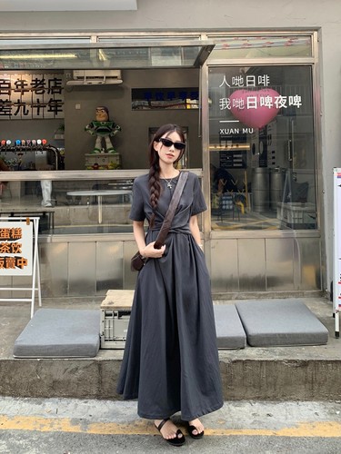 Niche Design Cross-Strap Short-Sleeved Dress Summer Women's Elegant Waist-Control Slimming A-Line Long Skirt