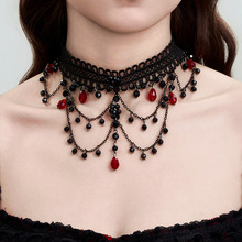 欧美跨境饰品 暗黑哥特蕾丝红色水晶吊坠项饰 复古多层串珠项链女