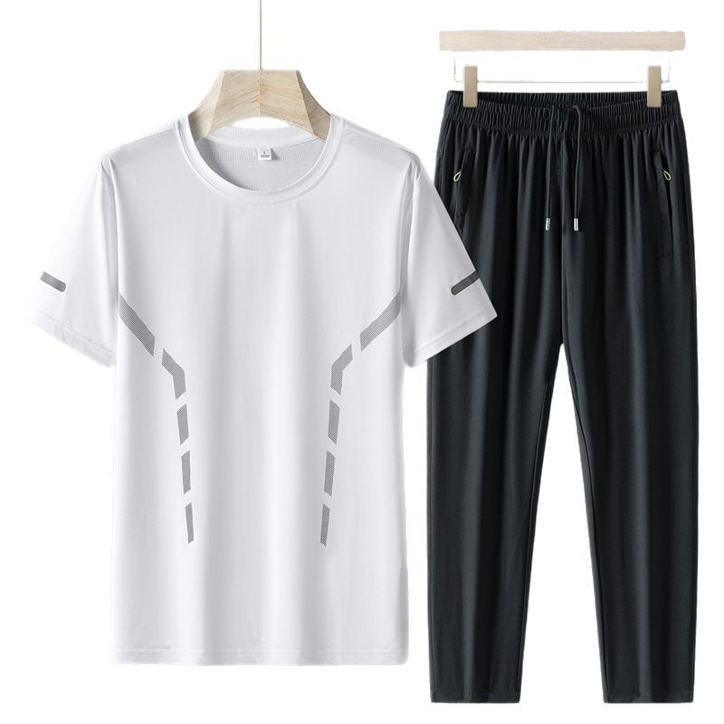 Traje de verano para papá Traje deportivo de ocio Camiseta de seda de hielo para hombre de manga corta delgada para hombre Pantalones de dos piezas de mediana edad y ancianos