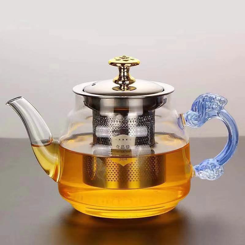 玉把手玻璃茶壶不锈钢过滤煮茶壶高硼硅玻璃茶壶家用办公花茶具
