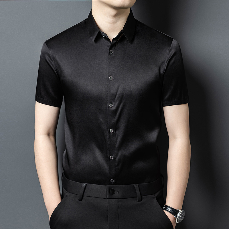 Áo sơ mi nam lụa tơ tằm ngắn tay cao cấp — Xanh hải quân HT0292