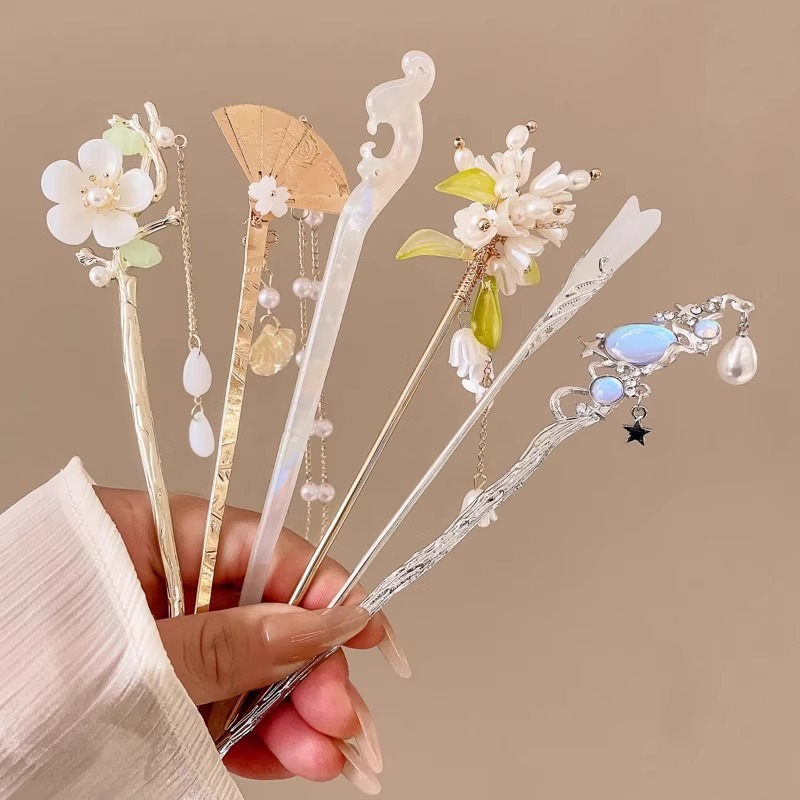 Horquilla de flores con flecos de estilo antiguo, sentido de alto nivel femenino, horquilla de cabello Hanfu de todo fósforo, horquilla de cabello en la parte posterior de la cabeza, tocado