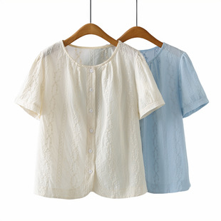 2025 Summer Pure Cotton Cardigan Short-Sleeved Round Neck Large Size Women's Embroidered Shirt Retro National Style Fat mm Shirt 321
