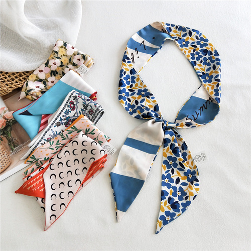 Double-sided, two-color small long narrow silk scarf for women's neck decoration, spring/summer, tied to bags, neckerchief, belt