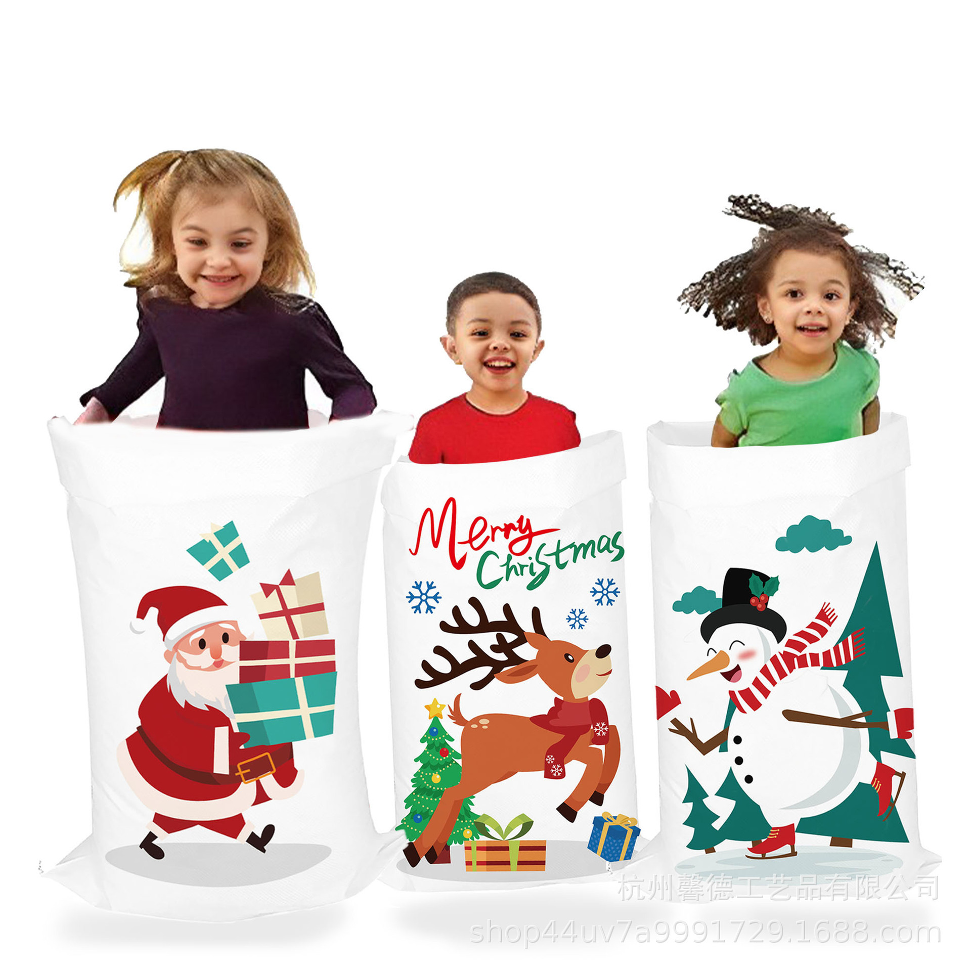 YX008外贸圣诞节老人雪人麋鹿姜饼人绑脚带派对游戏跳跳袋编织袋