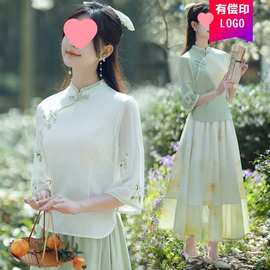 中国风改良旗袍上衣棉麻刺绣盘扣上衣中式汉元素汉服套装唐装女夏