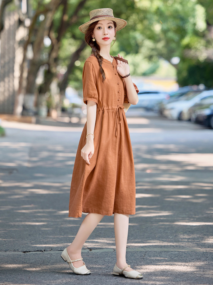 Đầm maxi nữ thắt eo cotton linen 2025 form rộng thanh lịch — màu sắc, Xanh lông mòng đen