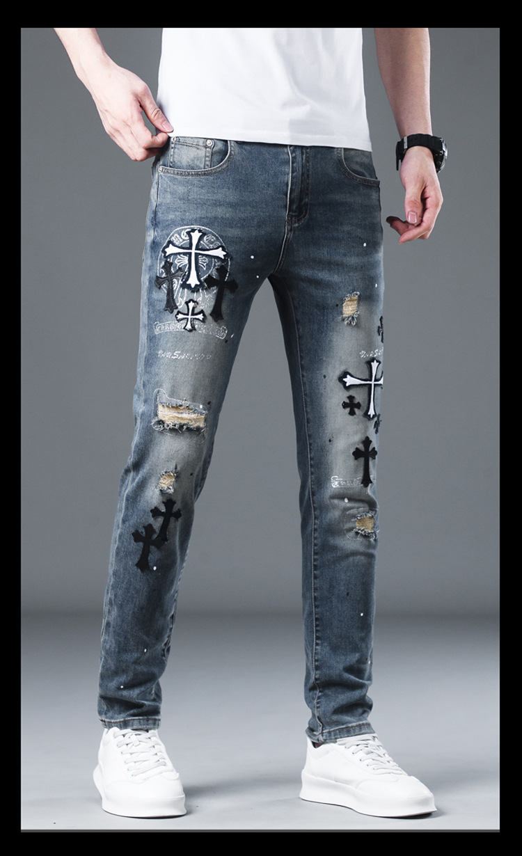 Men's Embroidered Jeans Slim Fit Torn Patches Versatile Trousers_voghion.com