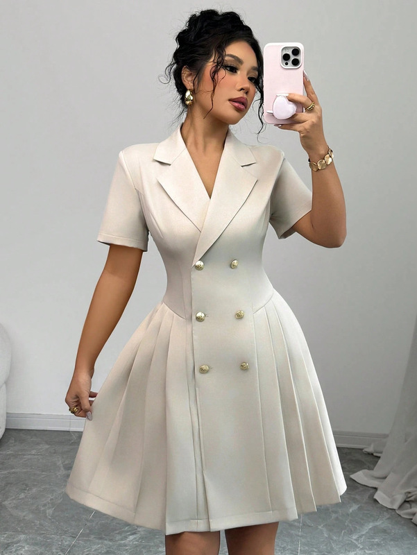 2025 Amazon AliExpress 夏新作ソリッドカラー半袖ウエストダブルブレストドレス婦人服|undefined