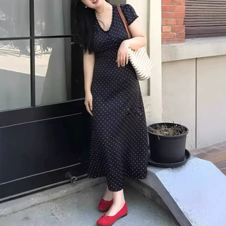 大码女装韩系蕾丝边v领波点连衣裙夏季新款胖mm收腰显瘦气质裙子