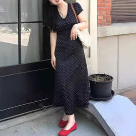 大码女装韩系蕾丝边v领波点连衣裙夏季新款胖mm收腰显瘦气质裙子