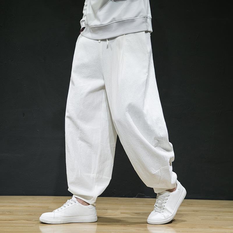 Pantalones largos de lino fino de primavera y verano de estilo chino, pantalones largos de pierna ancha de talla grande más gordos, pantalones harem casuales de algodón y lino