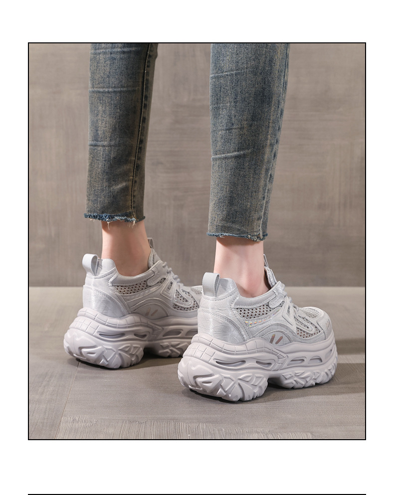 Giày sneaker nữ đế dày chunky lưới thoáng khí tăng chiều cao — Xám bạc chi tiết 14