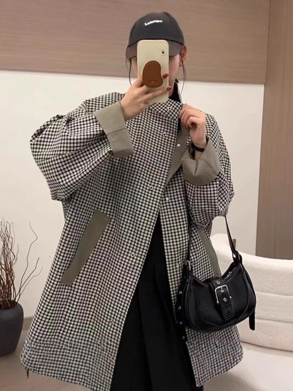 韩系设计感格子两面穿风衣外套女2025早秋新款宽松显瘦小个子上衣|undefined