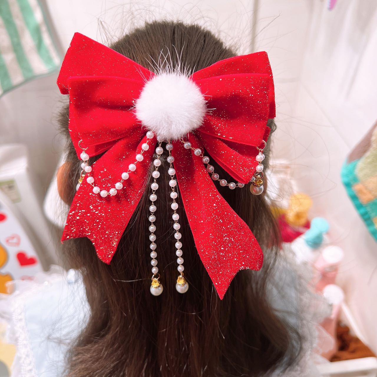 新款韓版立體網紗條紋蕾絲公主風少女系兒童兔耳朵發夾鴨嘴夾發